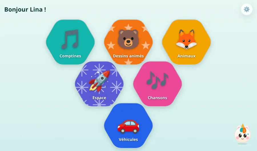 L'accueil de l'enfant dans Myyk, des dossiers en hexagones (comptines, dessins animés, animaux, espace, chansons, véhicules).