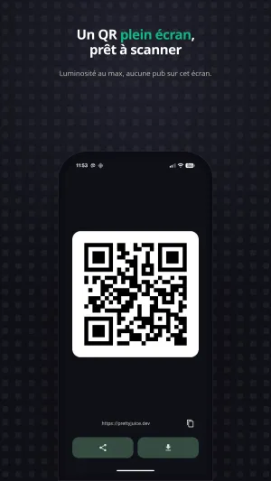 Le QR code plein écran de ShareCode, prêt à scanner, luminosité au maximum et sans publicité.